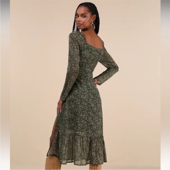 Lulus Perfectly Elevated Olive Green Floral Long Sleeve Midi Dress Size Large - Picture 2 of 5